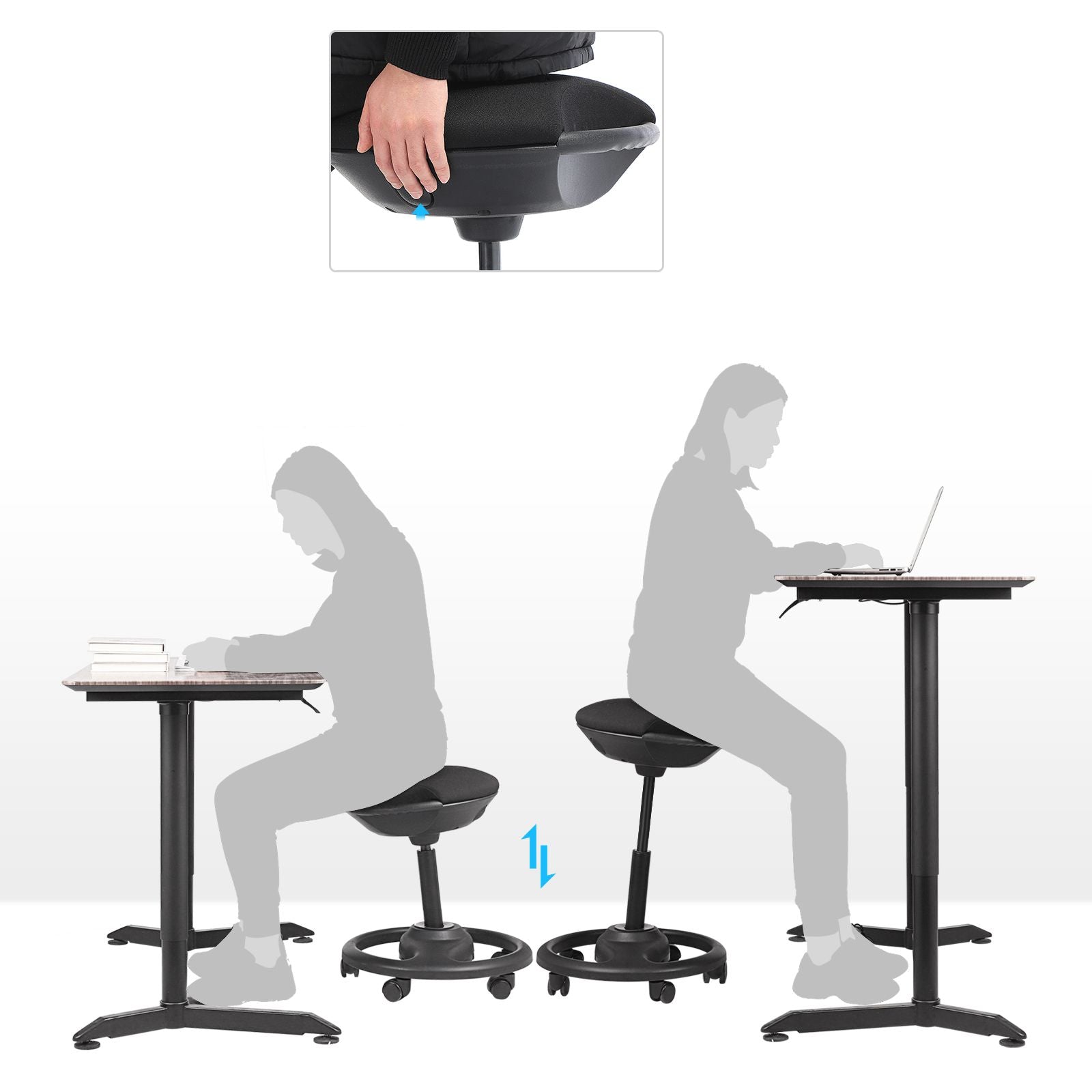 Werk Stuhl - Ergonomische Schwenkziele auf Rädern - Höhe einstellbar - Schwarz