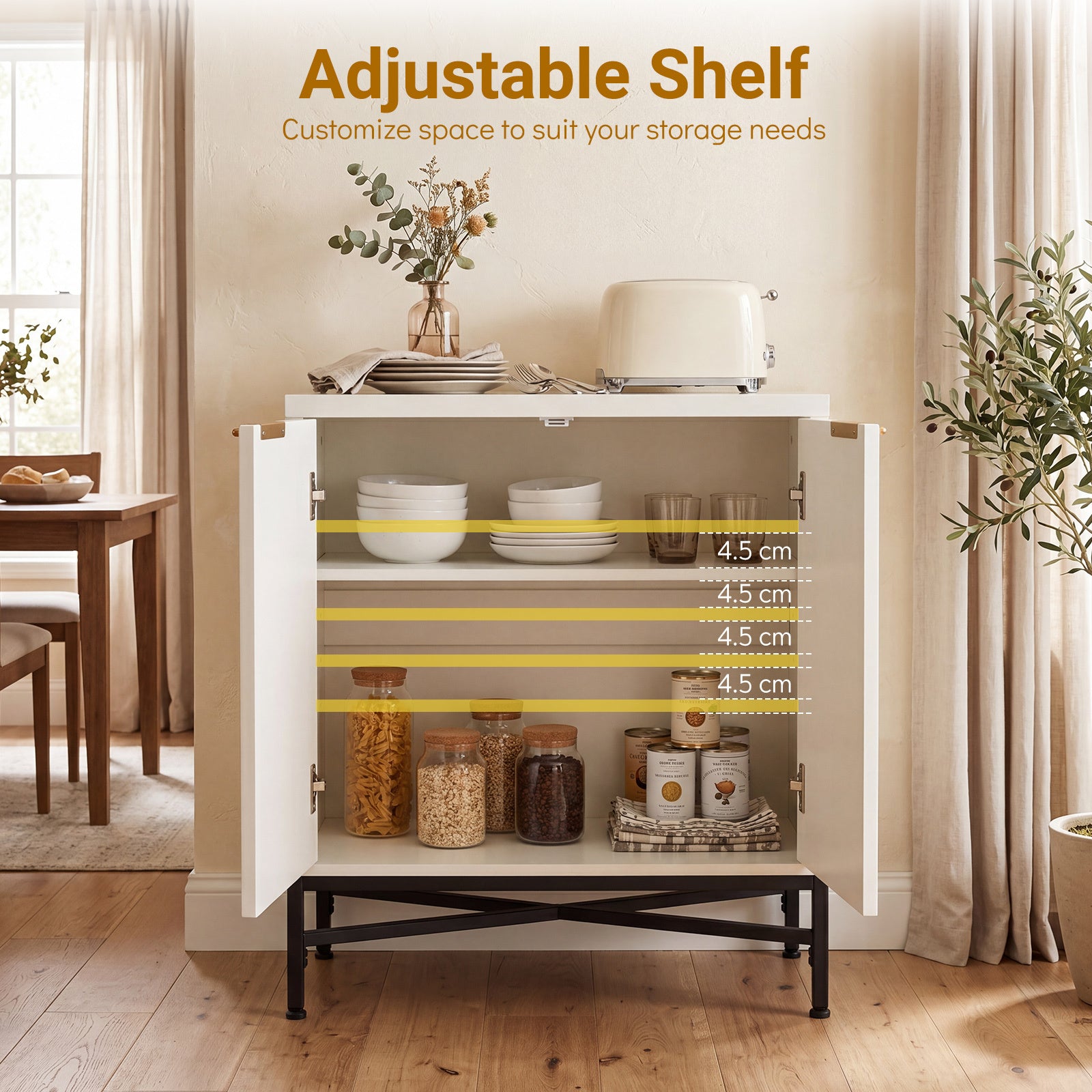 Förvaringsskåp, – sideboard i trä med räfflade dörrar och stabil metallställning, vitt