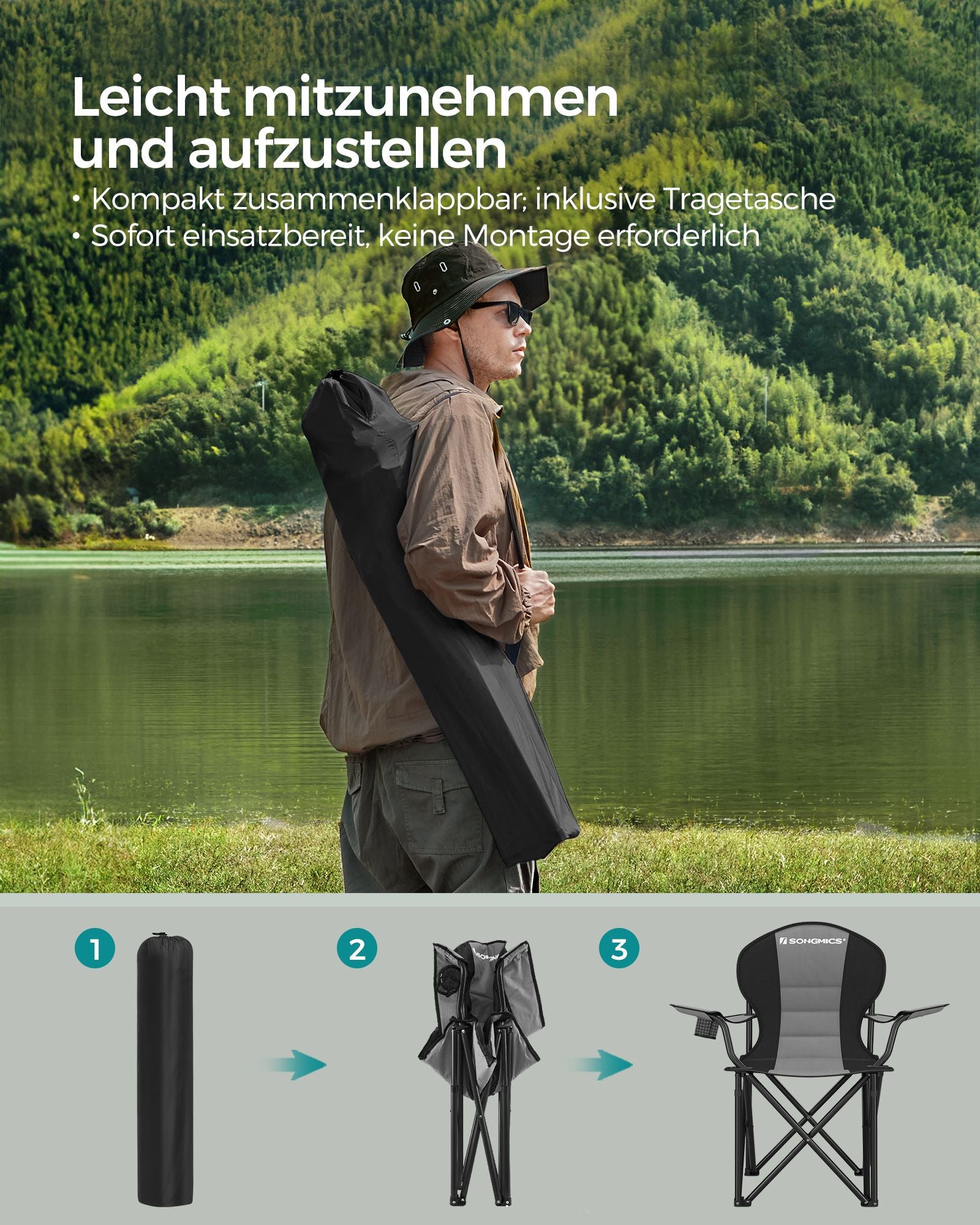 Campingstuhl-mit gesäumtem Sitz-Grau-Schwarz