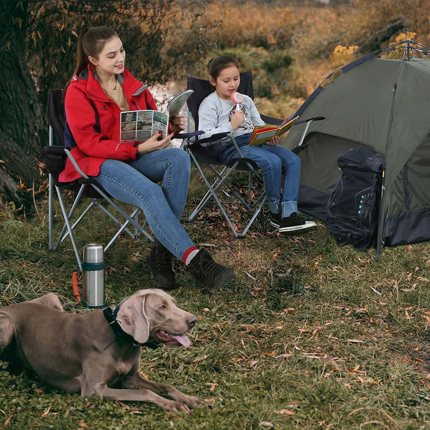 Campingstühle - Set von 2 Klappstühlen - Outdoor - mit Armlehne und Tassenhalter - Schwarz