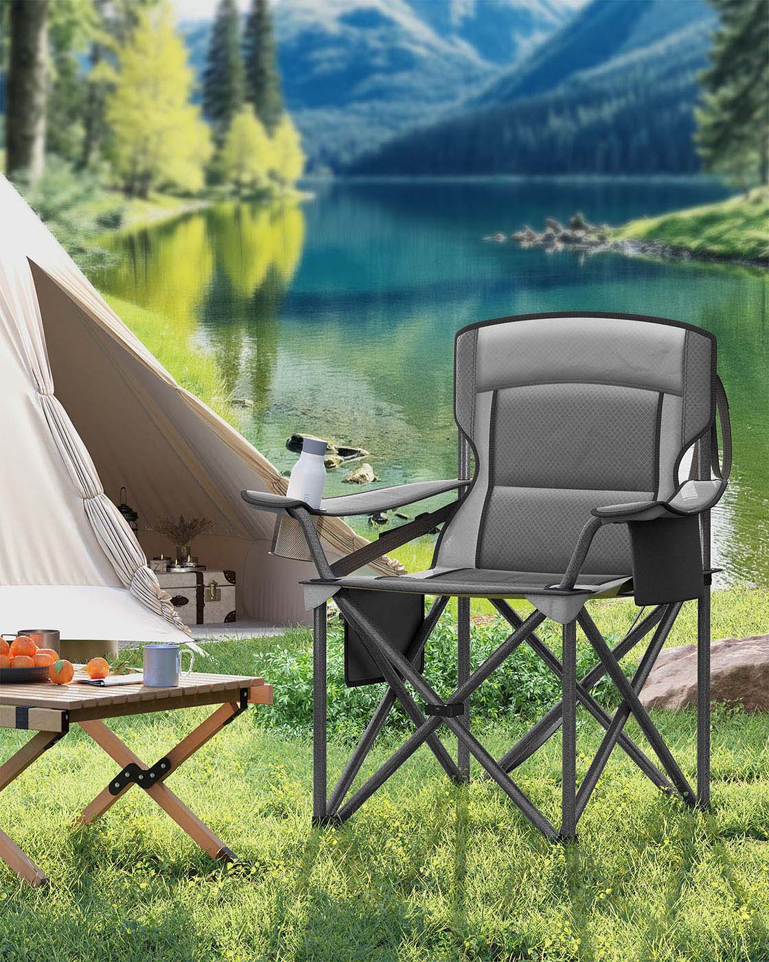 Campingstuhl mit Tassenhalter und Schaumstofffüllung, Leigrijs