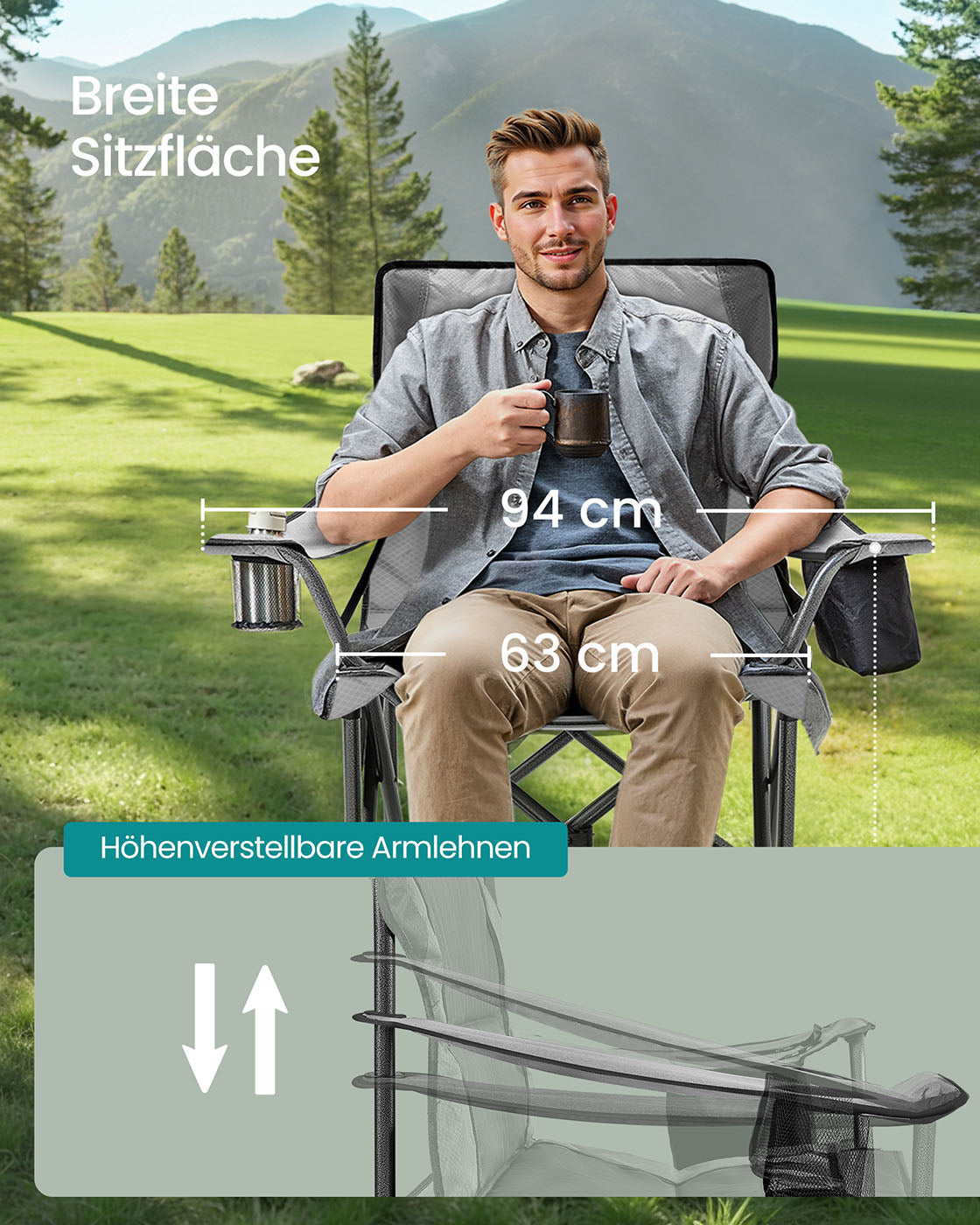 Campingstuhl mit Tassenhalter und Schaumstofffüllung, Leigrijs