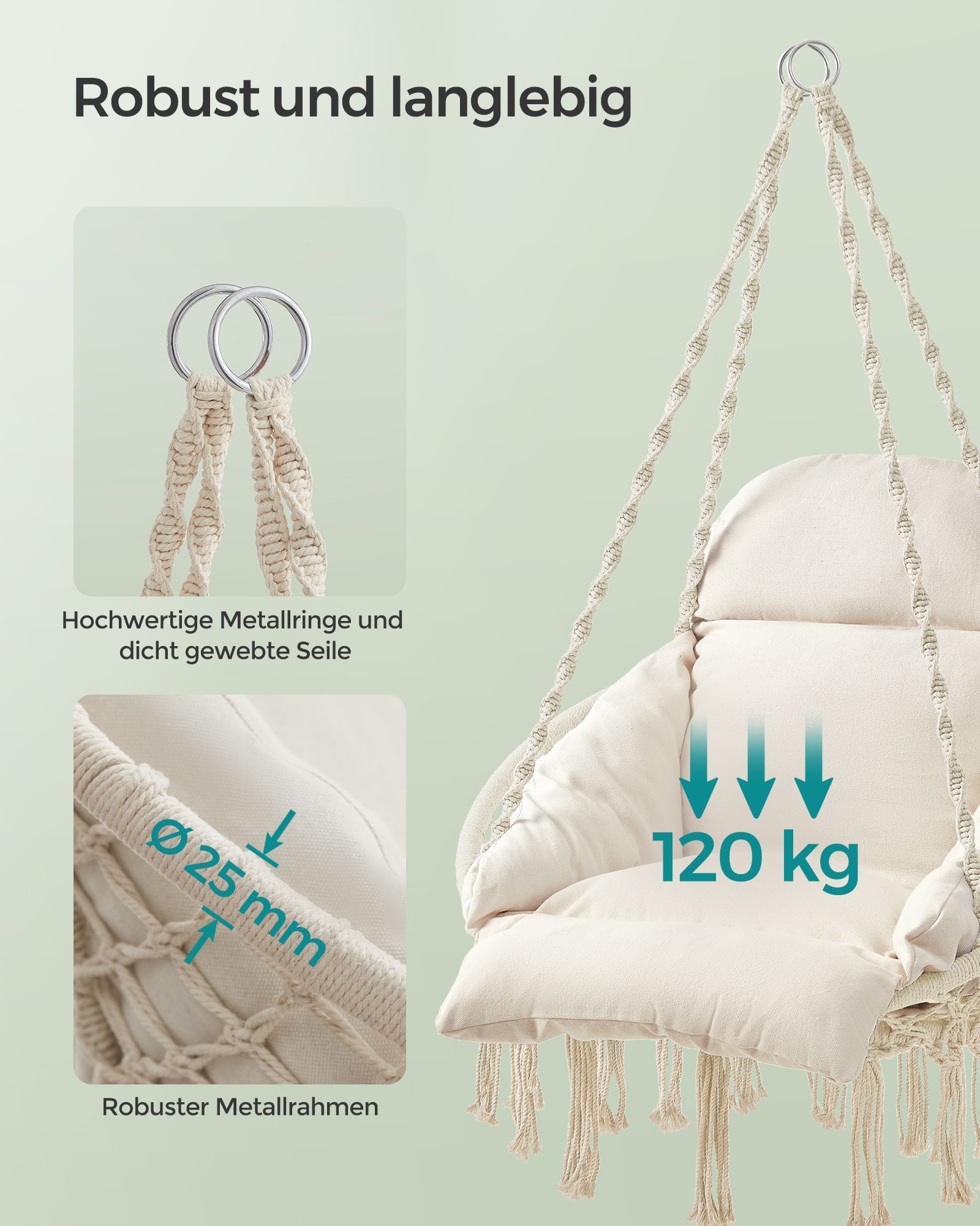 Hangstoel - Met Kussen - Katoen - Draagvermogen tot 120 kg - Beige