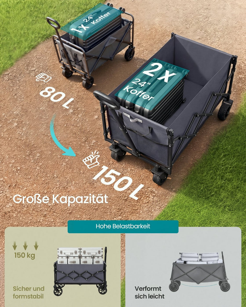 Bolderkar – Opvouwbaar – 150 Liter – Versterkte Wielen – Tot 150 kg – Duifgrijs