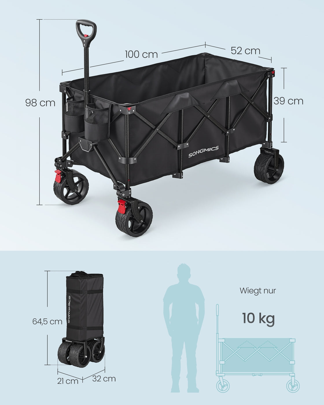Opvouwbare handkar - 52 x 100 x 98 cm - 200 liter - inktzwart - draagvermogen tot 150 kg - 4 afneembare wielen - ingeklapt 32 x 21 x 64,5 cm - gewicht 10 kg