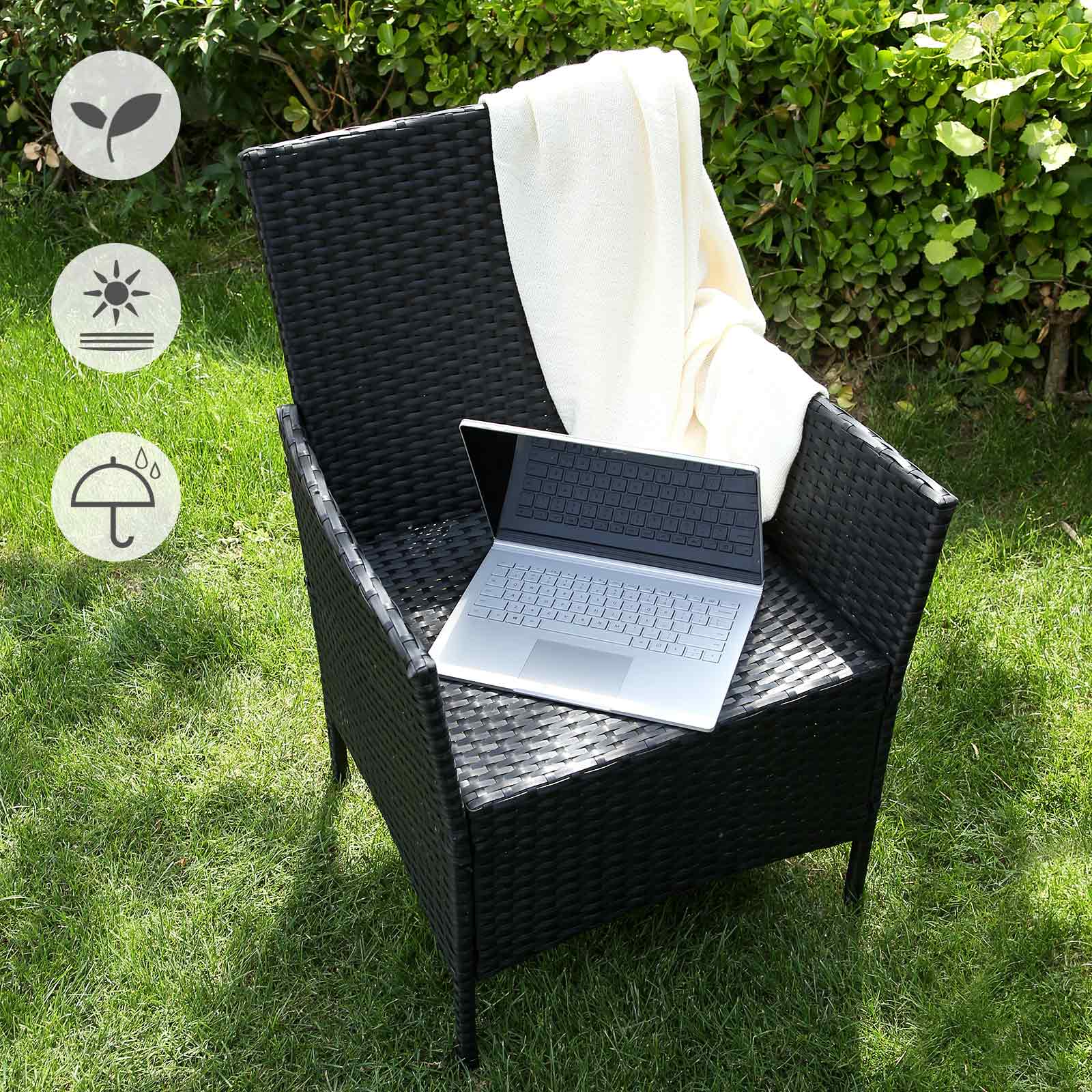 Gartenmöbelset - Loungeset - Rattan -Look - 2 Stühle und Glas Tisch - Schwarz