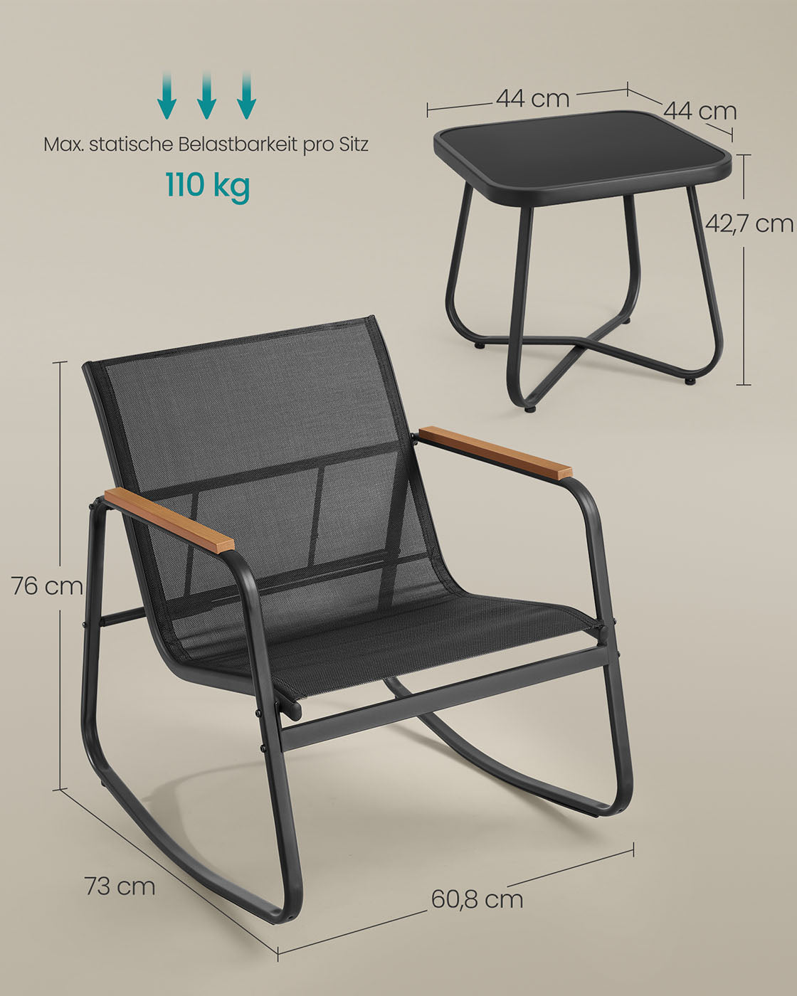 Gartenset-2-Schaukelstühle + Tischschwarz-3-Stück