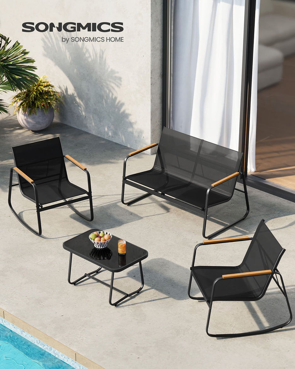 Gartenbindungsbank + 2 Schaukelstühle + Tischschwarz-4-Stück