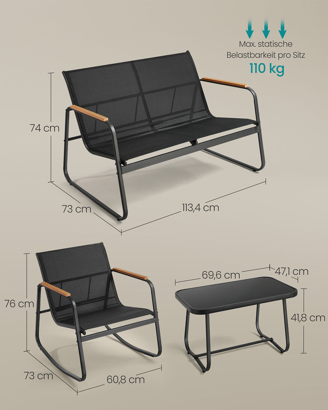 Gartenbindungsbank + 2 Schaukelstühle + Tischschwarz-4-Stück