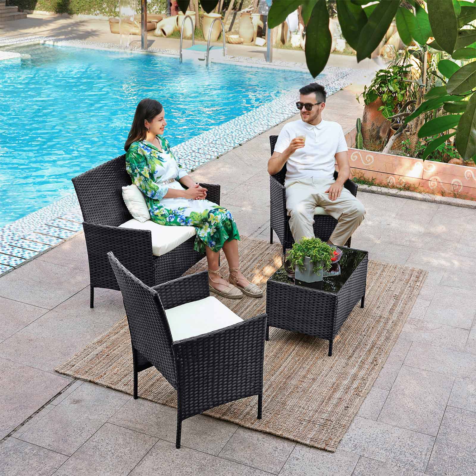 Gartenmöbelset - Loungeset - Rattan -Look - 2 Stühle und Glas Tisch - Schwarz
