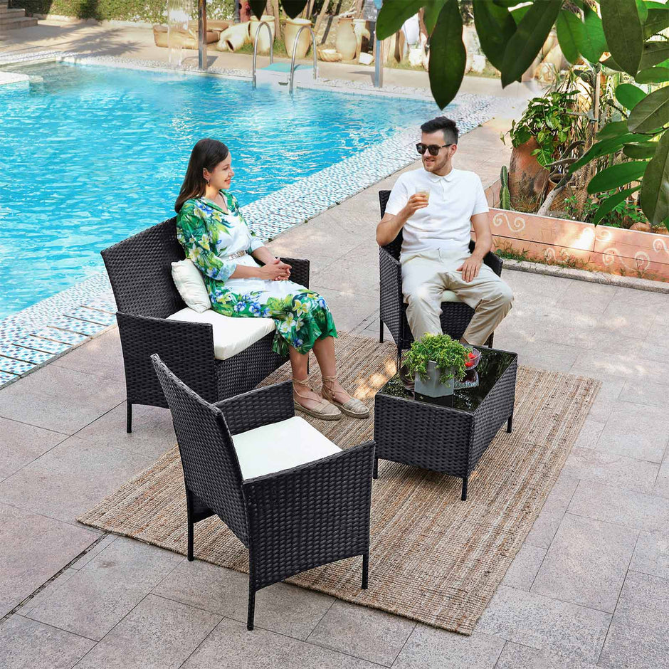 Gartenmöbelset - Loungeset - Rattan -Look - 2 Stühle und Glas Tisch - Schwarz