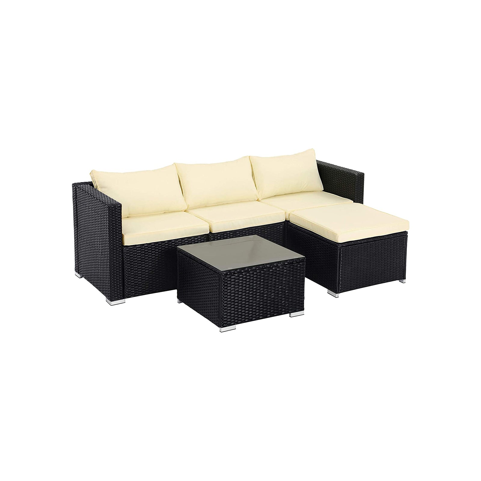 Gartenmöbelset - Lounge -Set - Gartenbank und Tisch - mit Kissen - Glasoberteil - Schwarz / Beige