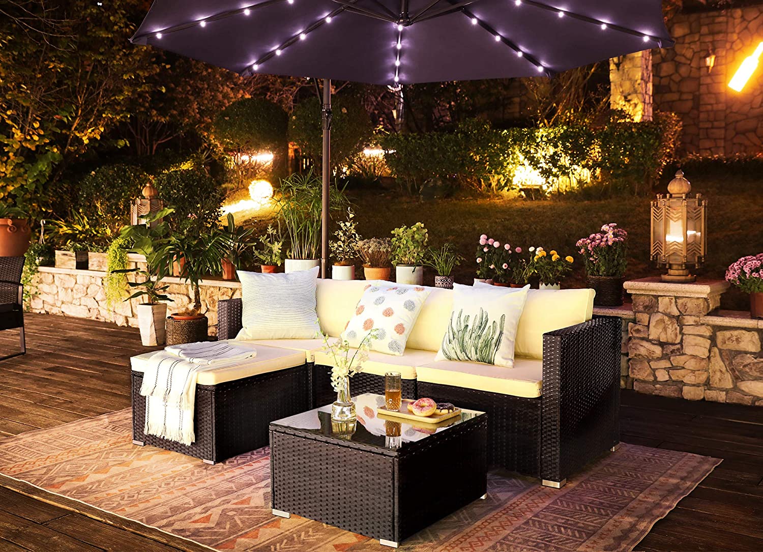 Gartenmöbelset - Lounge -Set - Gartenbank und Tisch - mit Kissen - Glasoberteil - Schwarz / Beige