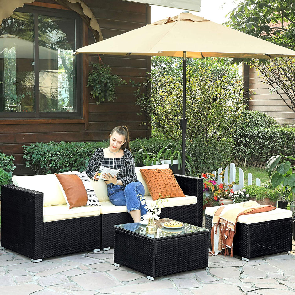 Gartenmöbelset - Lounge -Set - Gartenbank und Tisch - mit Kissen - Glasoberteil - Schwarz / Beige