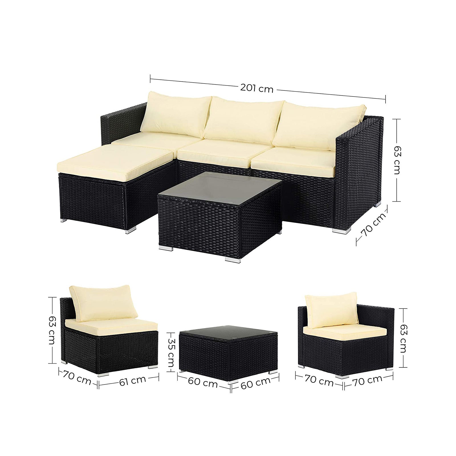 Gartenmöbelset - Lounge -Set - Gartenbank und Tisch - mit Kissen - Glasoberteil - Schwarz / Beige
