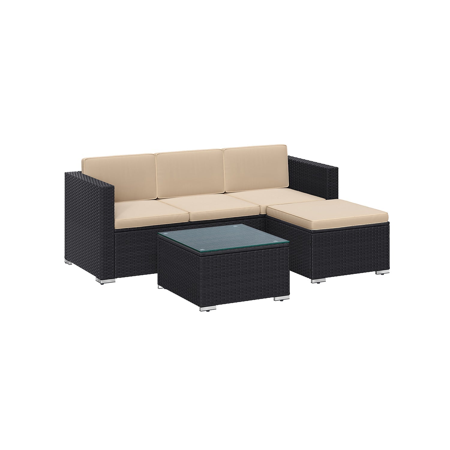 Gartenmöbelset - Lounge -Set - Gartenbank und Tisch - mit Kissen - Glasoberteil - Schwarz / Beige