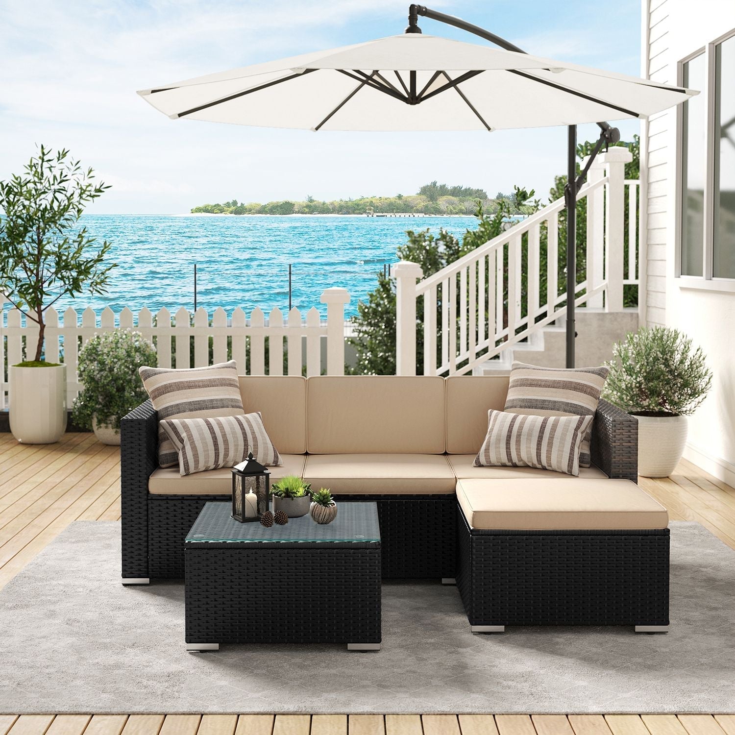 Gartenmöbelset - Lounge -Set - Gartenbank und Tisch - mit Kissen - Glasoberteil - Schwarz / Beige