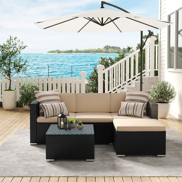 Gartenmöbelset - Lounge -Set - Gartenbank und Tisch - mit Kissen - Glasoberteil - Schwarz / Beige