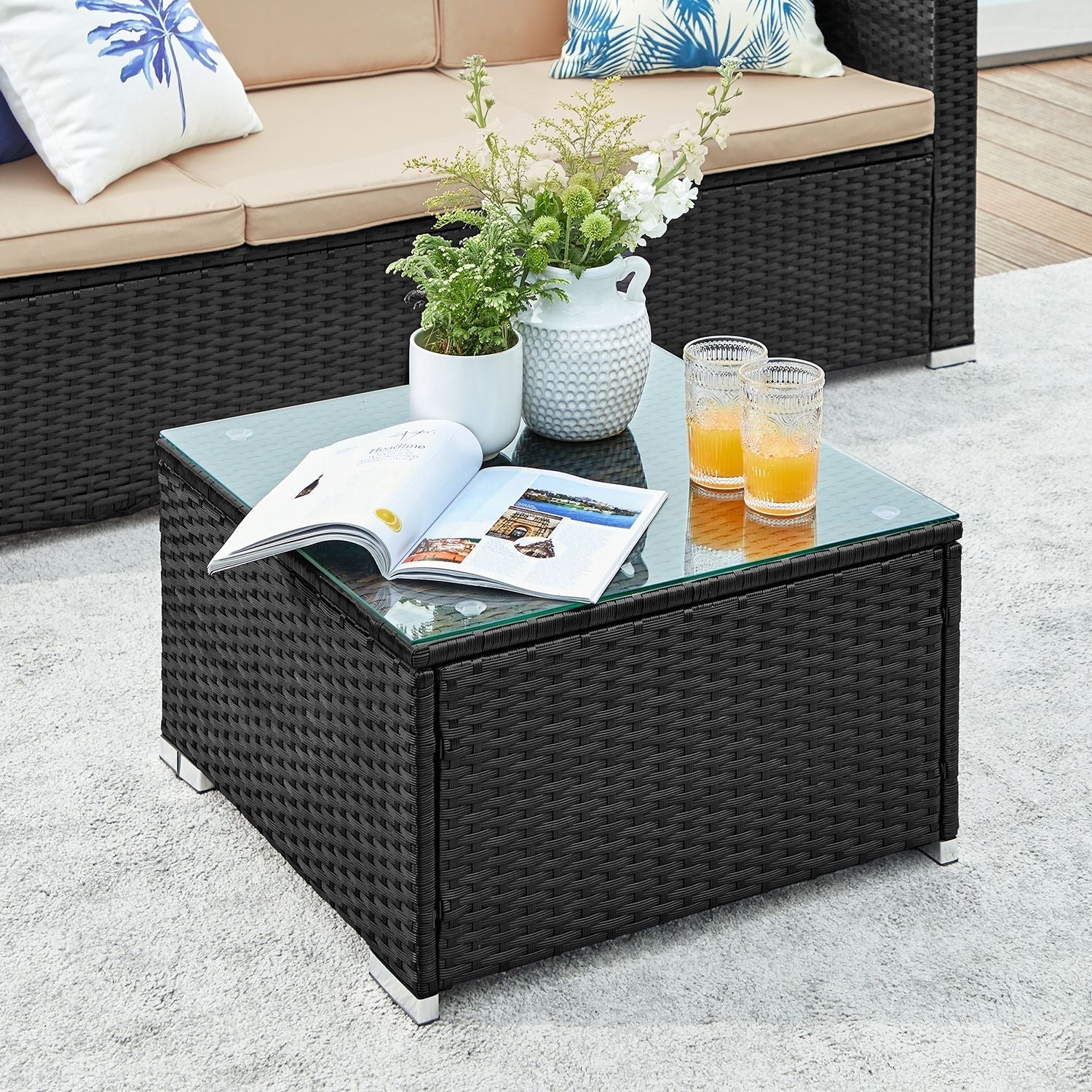 Gartenmöbelset - Lounge -Set - Gartenbank und Tisch - mit Kissen - Glasoberteil - Schwarz / Beige