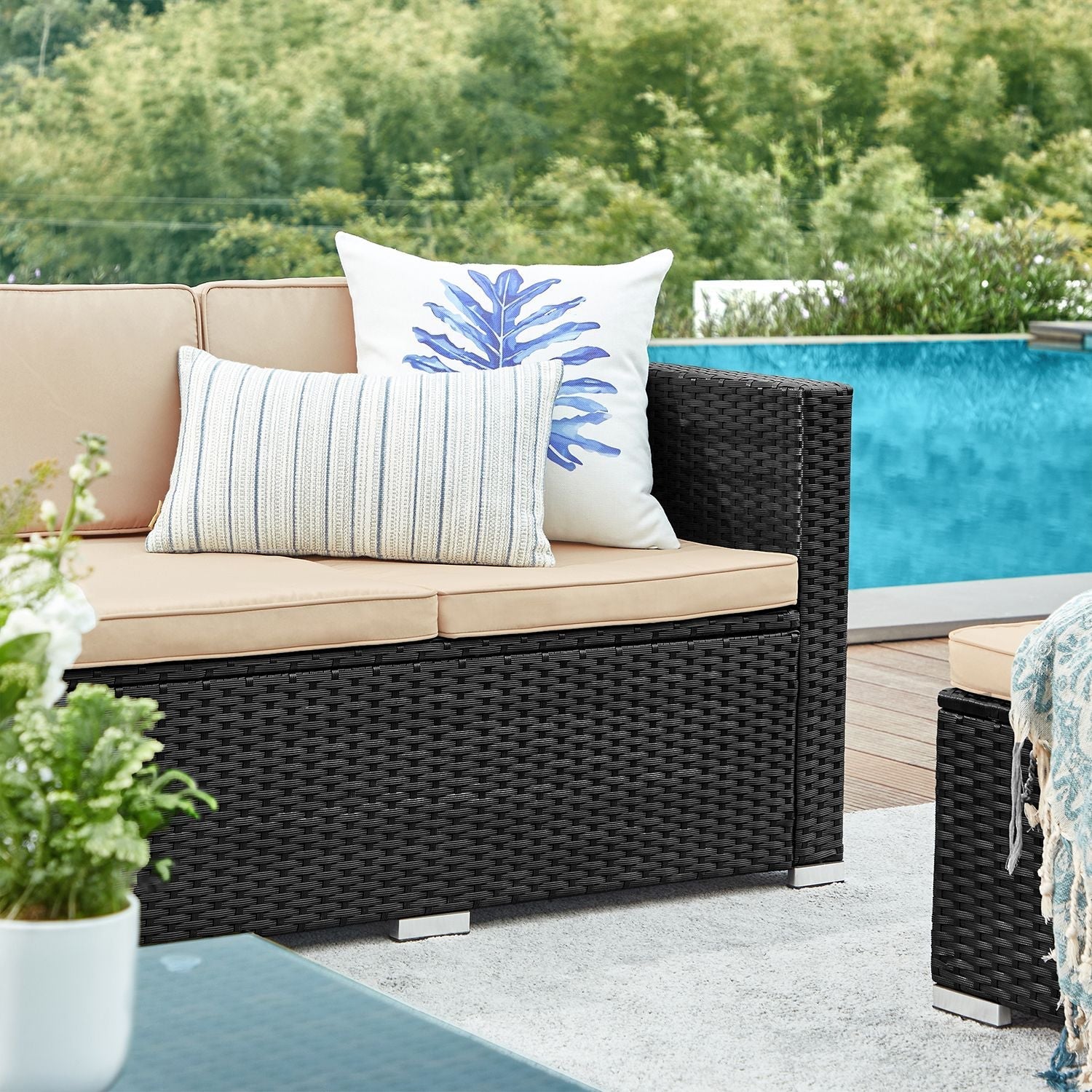 Gartenmöbelset - Lounge -Set - Gartenbank und Tisch - mit Kissen - Glasoberteil - Schwarz / Beige