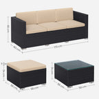 Gartenmöbelset - Lounge -Set - Gartenbank und Tisch - mit Kissen - Glasoberteil - Schwarz / Beige
