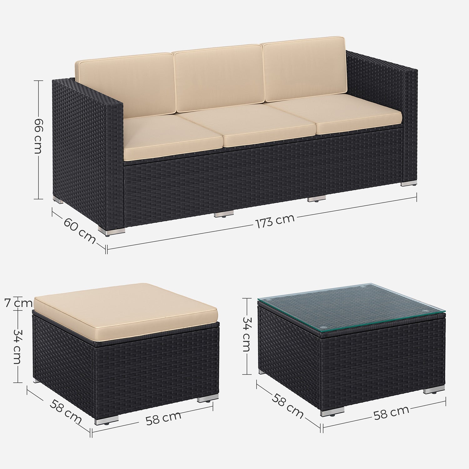 Gartenmöbelset - Lounge -Set - Gartenbank und Tisch - mit Kissen - Glasoberteil - Schwarz / Beige