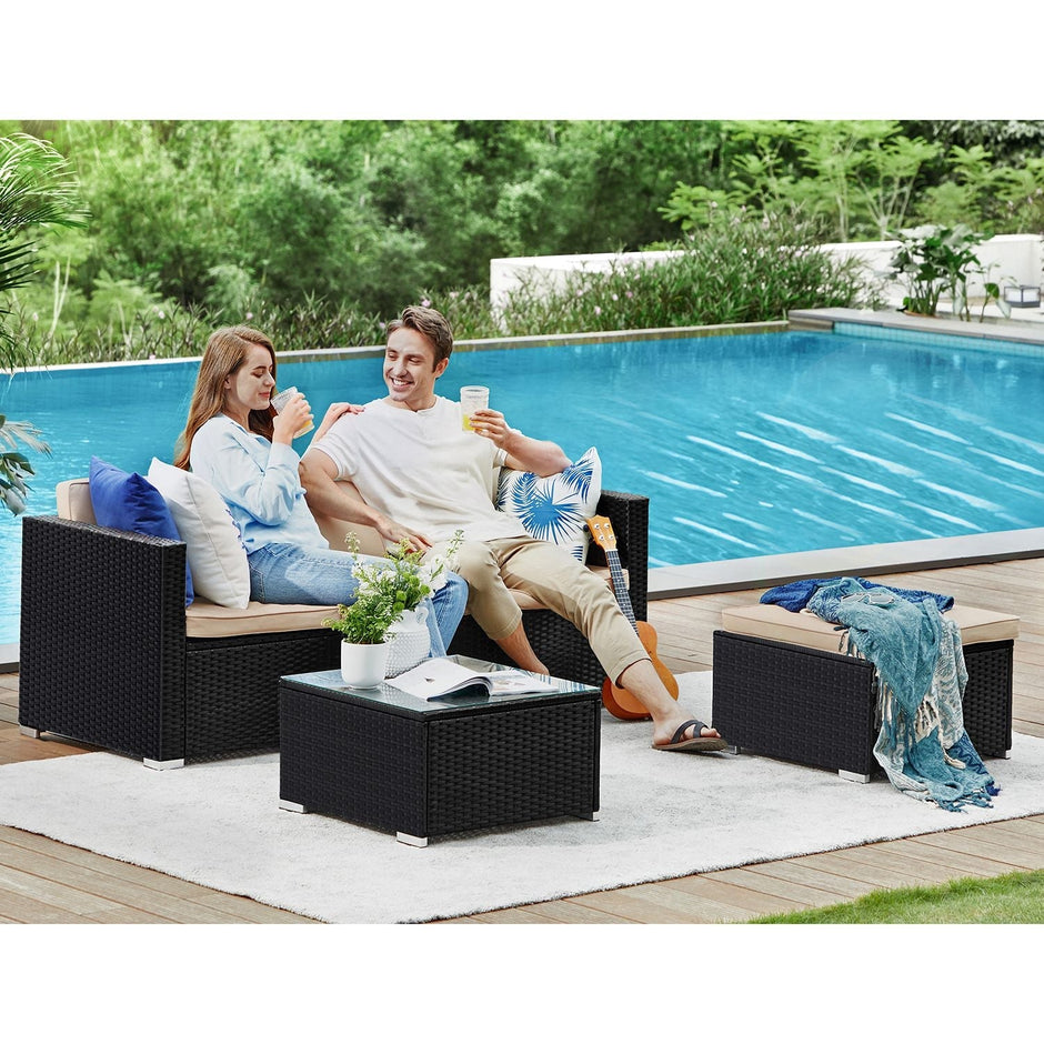 Gartenmöbelset - Lounge -Set - Gartenbank und Tisch - mit Kissen - Glasoberteil - Schwarz / Beige