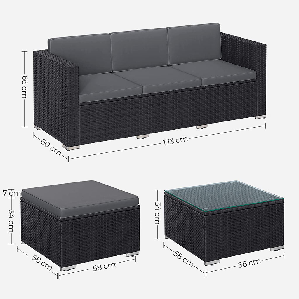 Gartenmöbelset - mit Kissen und Glas Tisch - schwarz und grau