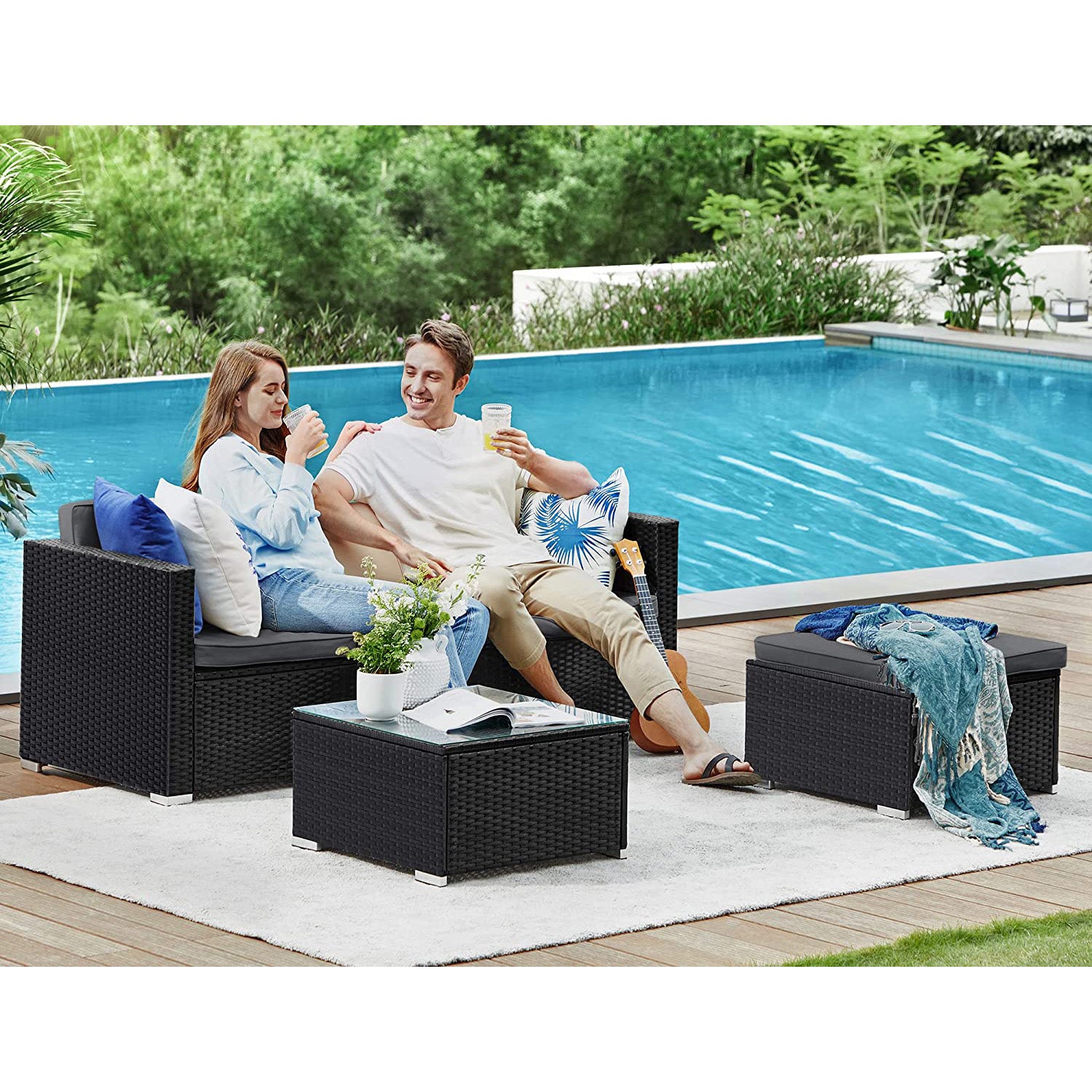 Gartenmöbelset - mit Kissen und Glas Tisch - schwarz und grau