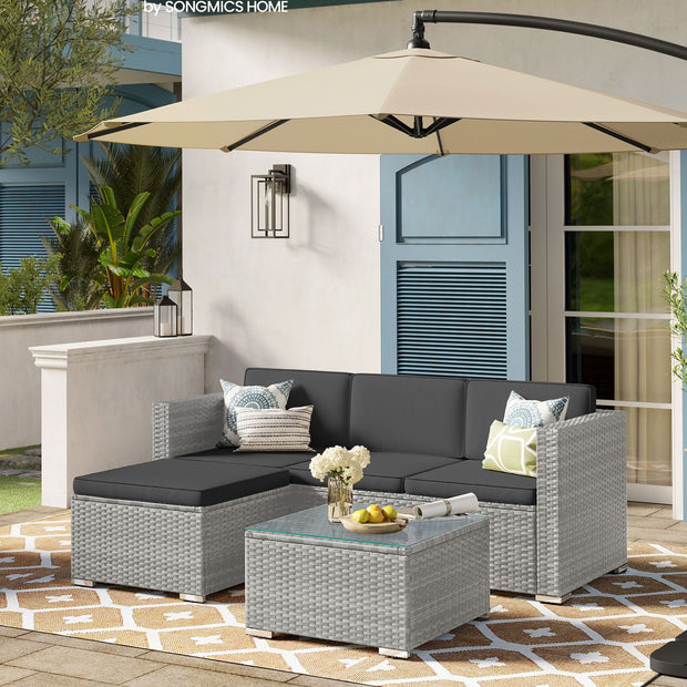 Balkonmöbel Set-polyrotan-mit-Kissen und Glas Tisch