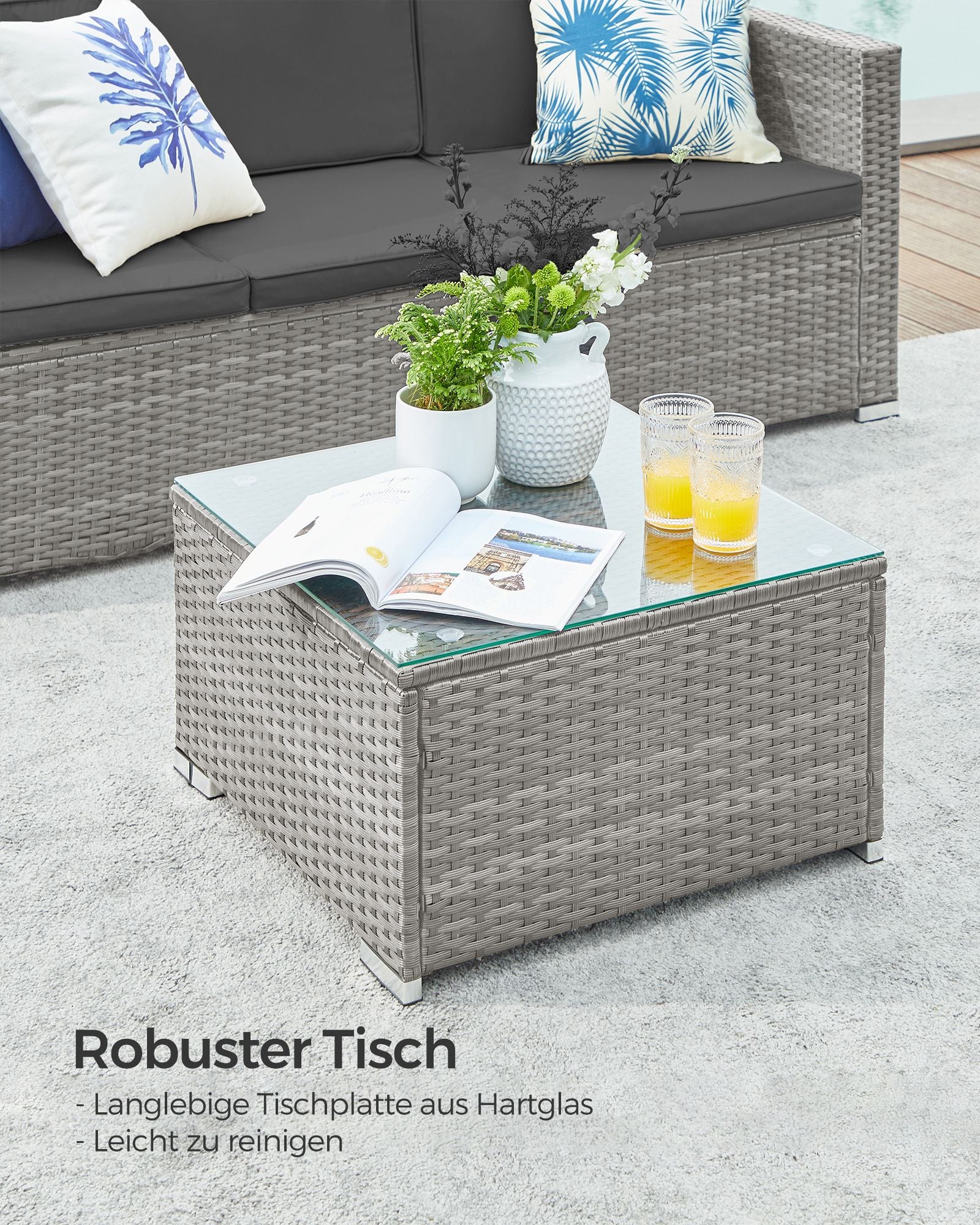 Balkonmöbel Set-polyrotan-mit-Kissen und Glas Tisch