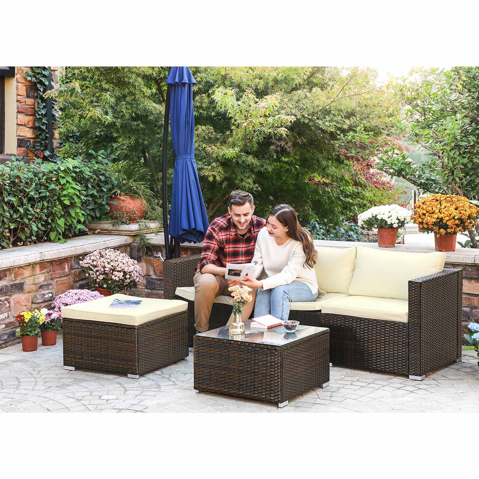 Gartenmöbelset - Polyrotan Lounge Set - Gartentisch mit Glasoberteil - Braun/Beige