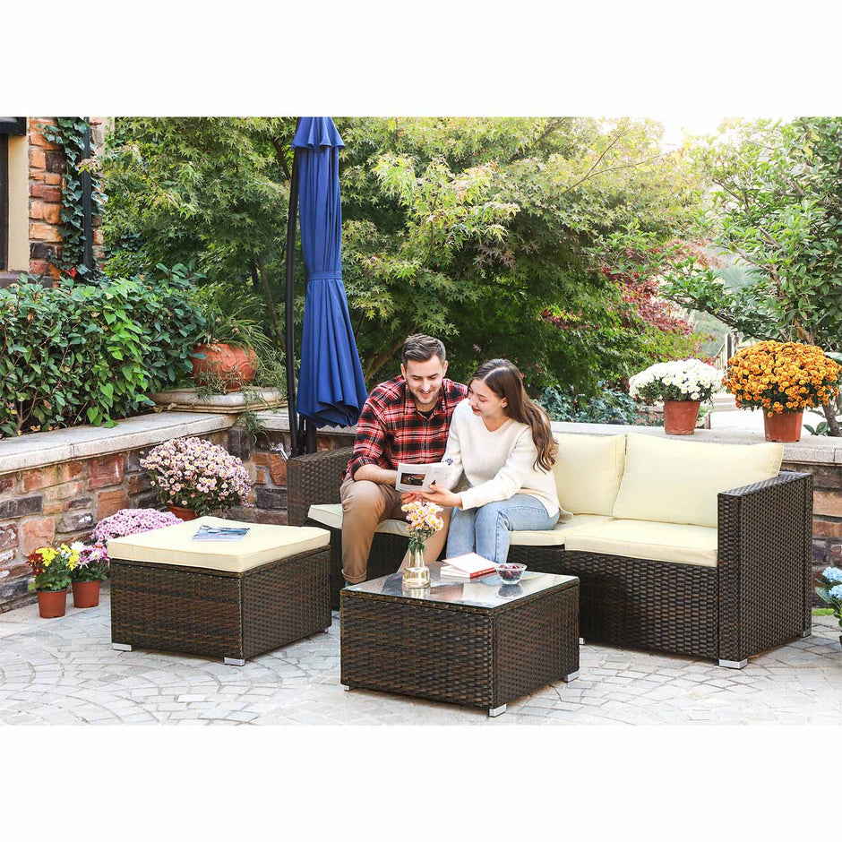 Gartenmöbelset - Polyrotan Lounge Set - Gartentisch mit Glasoberteil - Braun/Beige