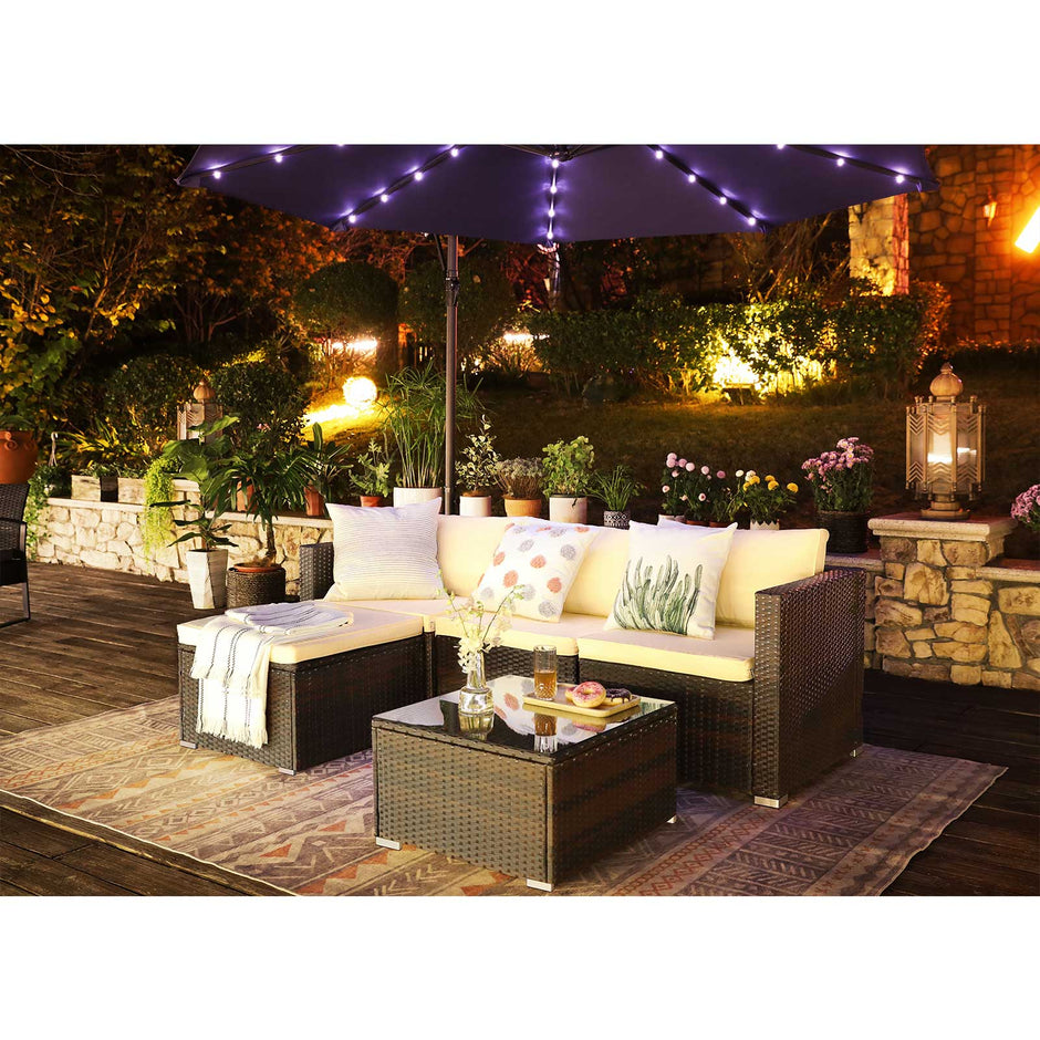 Gartenmöbelset - Polyrotan Lounge Set - Gartentisch mit Glasoberteil - Braun/Beige