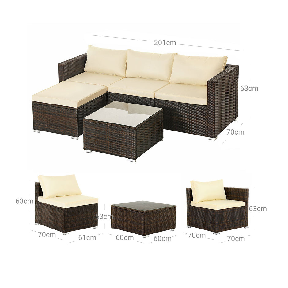 Gartenmöbelset - Polyrotan Lounge Set - Gartentisch mit Glasoberteil - Braun/Beige