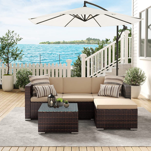 Lounge -Set - Gartenmöbelset - Ecksofa mit Tisch - Glasoberteil - Braun