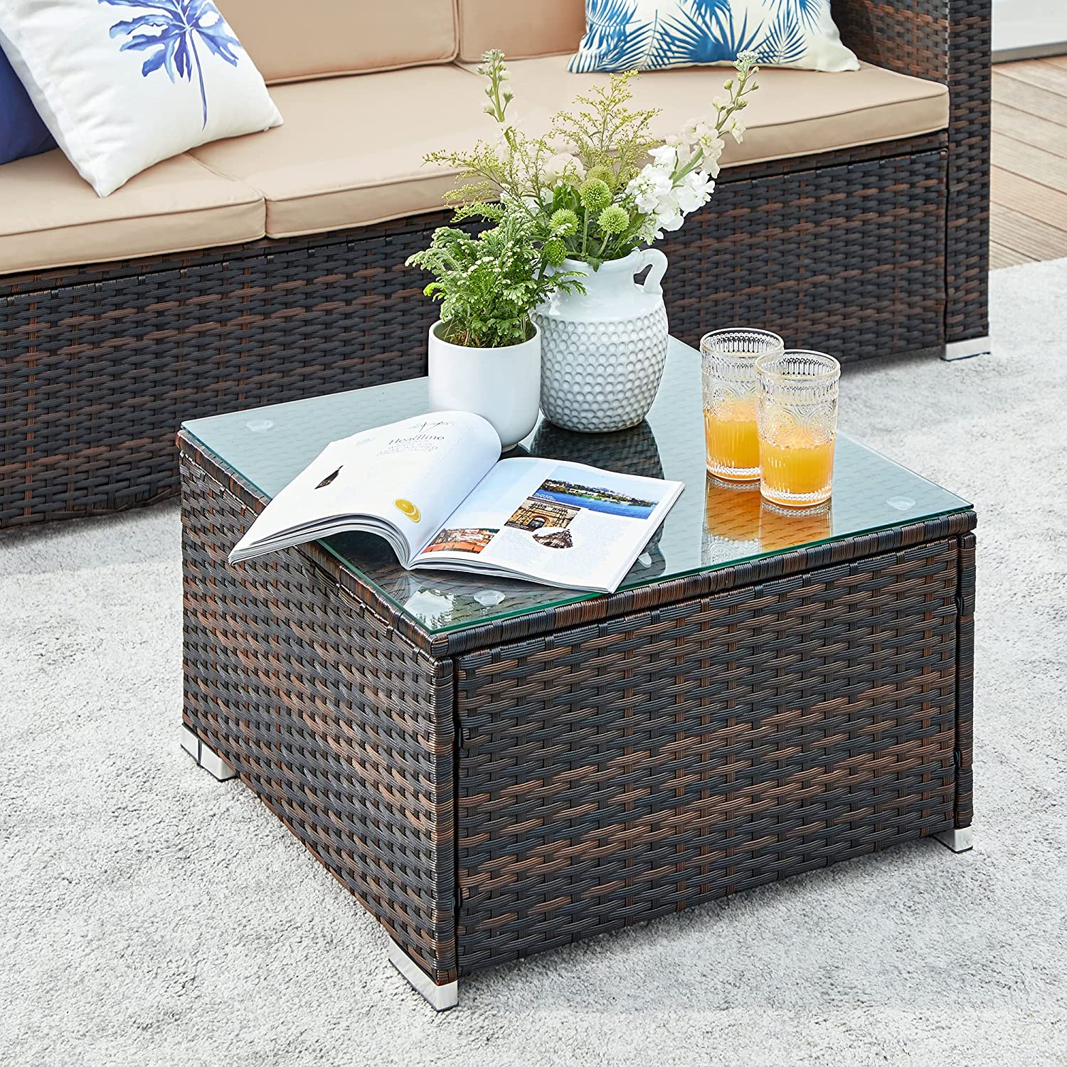Lounge -Set - Gartenmöbelset - Ecksofa mit Tisch - Glasoberteil - Braun