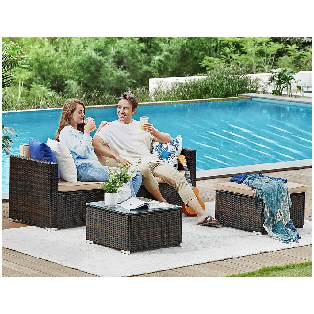 Lounge -Set - Gartenmöbelset - Ecksofa mit Tisch - Glasoberteil - Braun