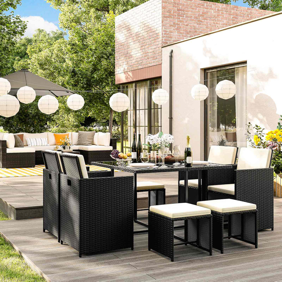 Gartenmöbelset - Loungeset - Rattan -Look - 2 Stühle und Glas Tisch - Schwarz