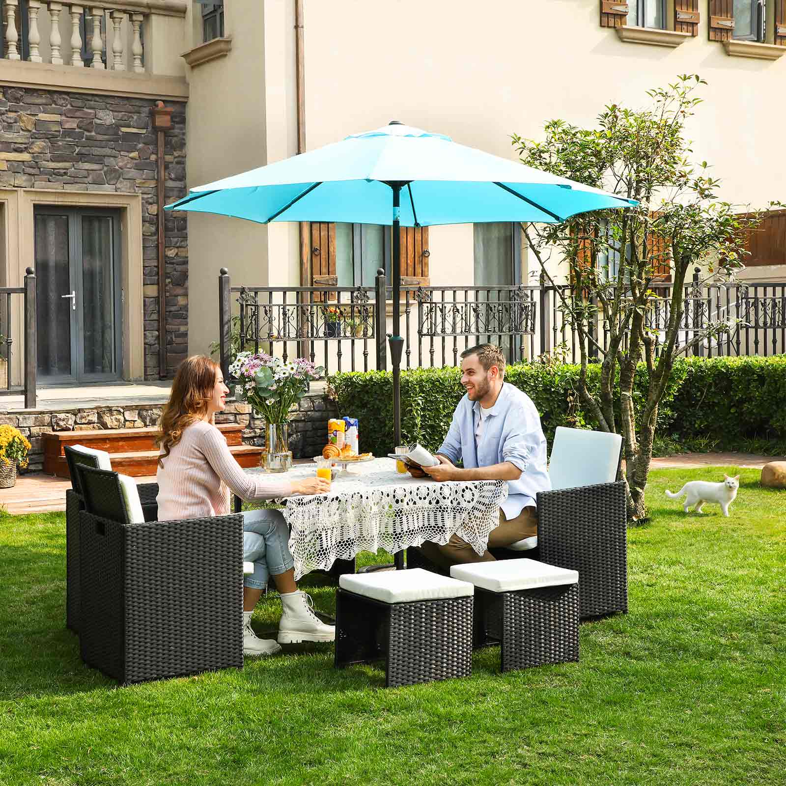 Gartenmöbelset - Loungeset - Rattan -Look - 2 Stühle und Glas Tisch - Schwarz