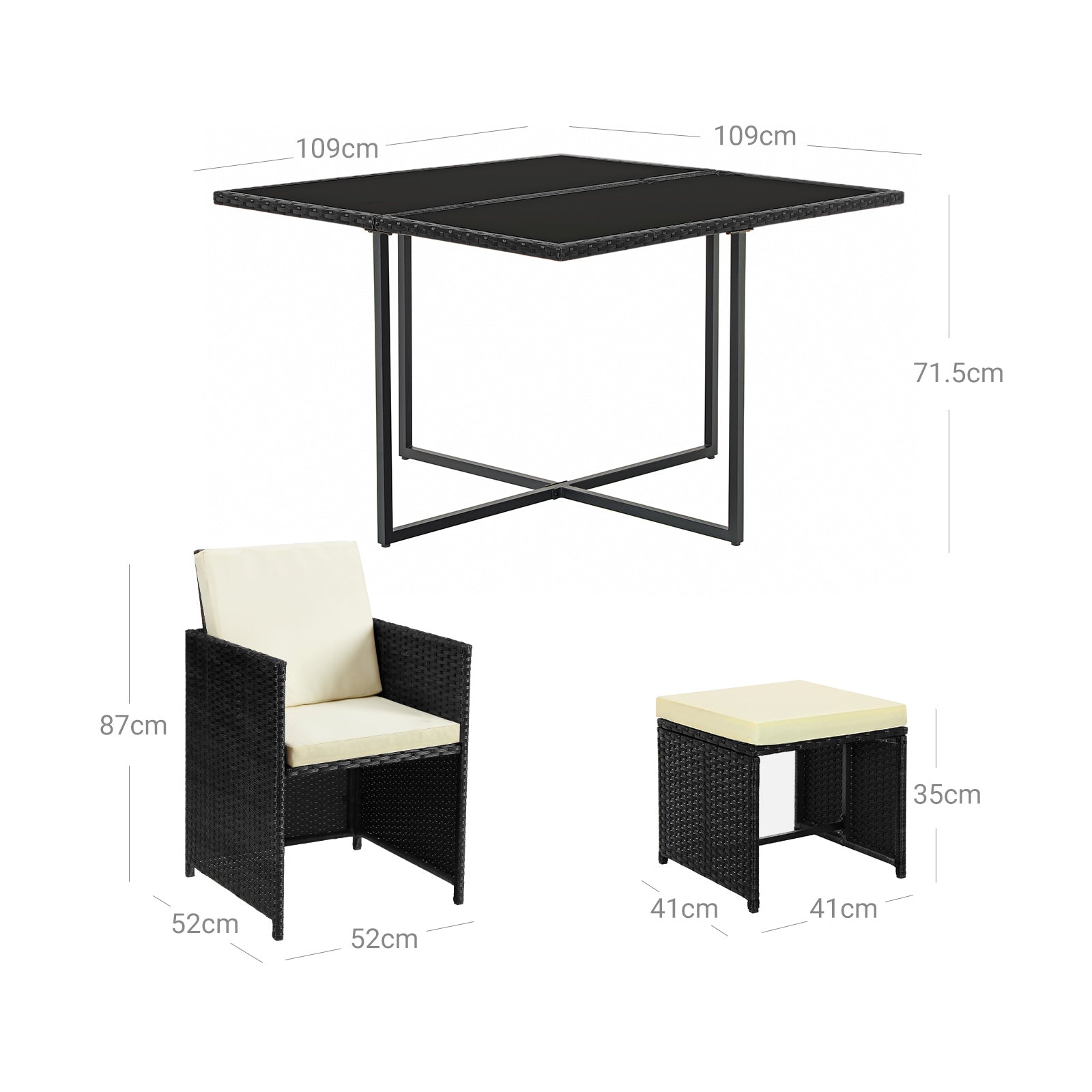 Gartenmöbelset - Loungeset - Rattan -Look - 2 Stühle und Glas Tisch - Schwarz
