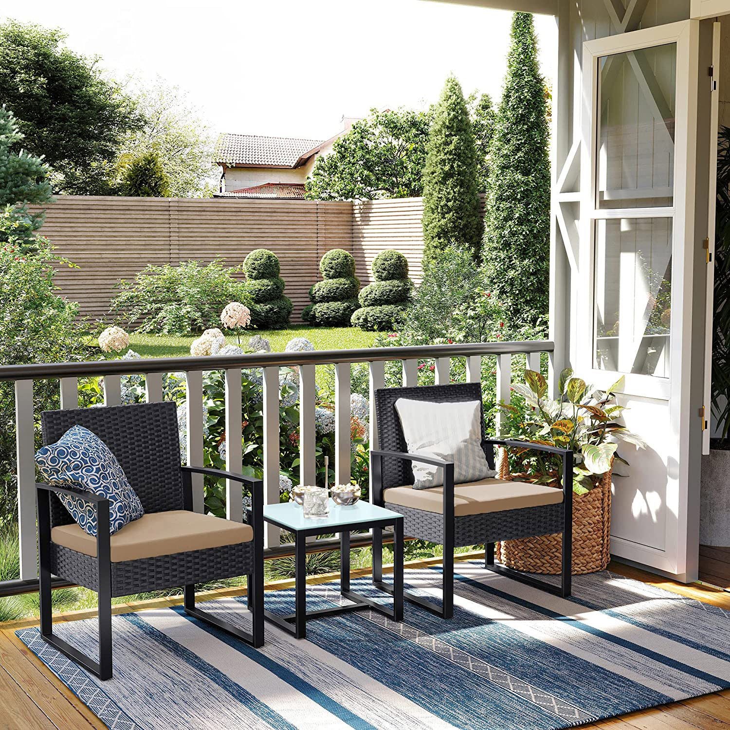 Tuinmeubelset - 3-Delig - Polyrattan - Tafel en 2 Stoelen - Met Kussens
