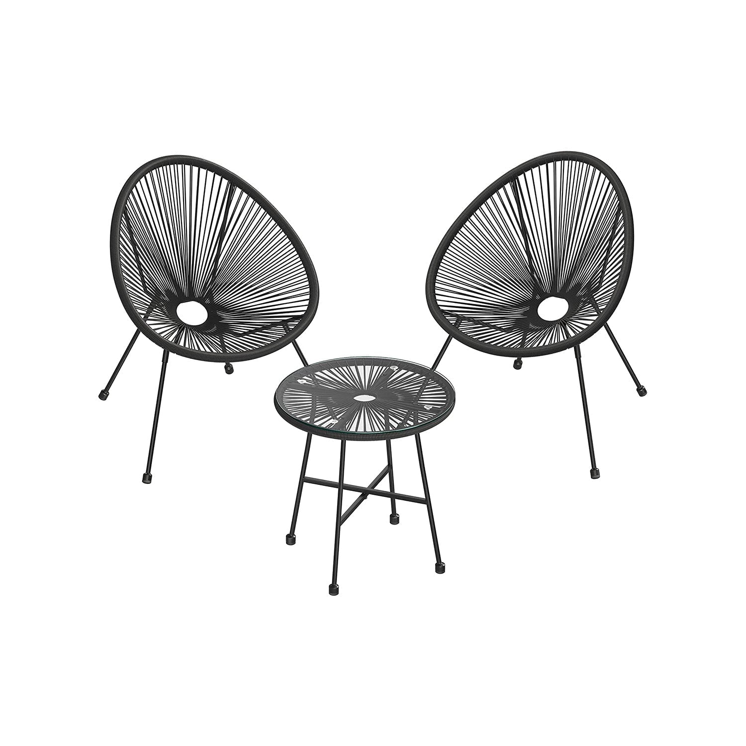 Gartenmöbel Set - Balkonmöbel - Set von 3 - Glas Tisch - 2 Stühle - Schwarz