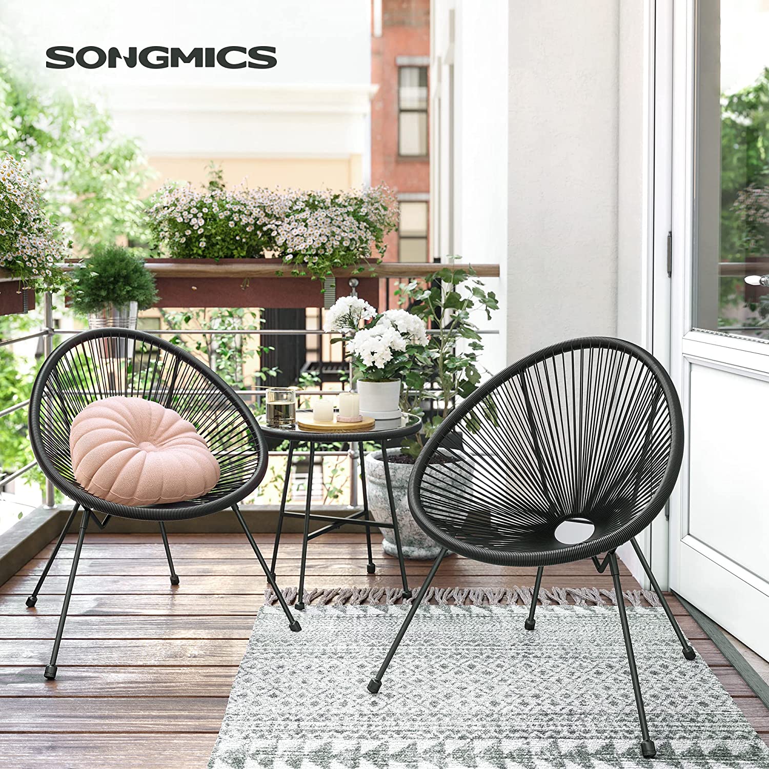 Gartenmöbel Set - Balkonmöbel - Set von 3 - Glas Tisch - 2 Stühle - Schwarz