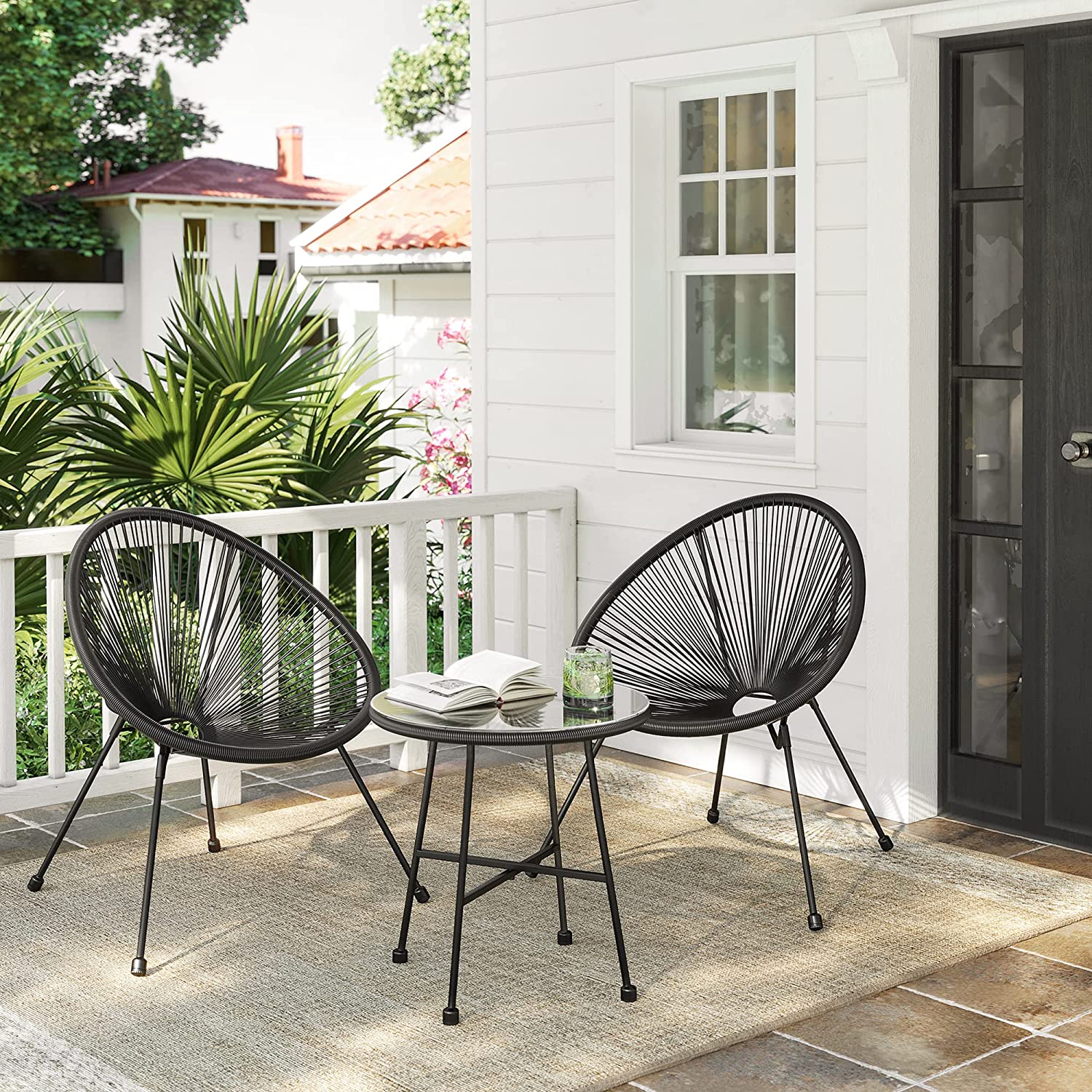 Gartenmöbel Set - Balkonmöbel - Set von 3 - Glas Tisch - 2 Stühle - Schwarz