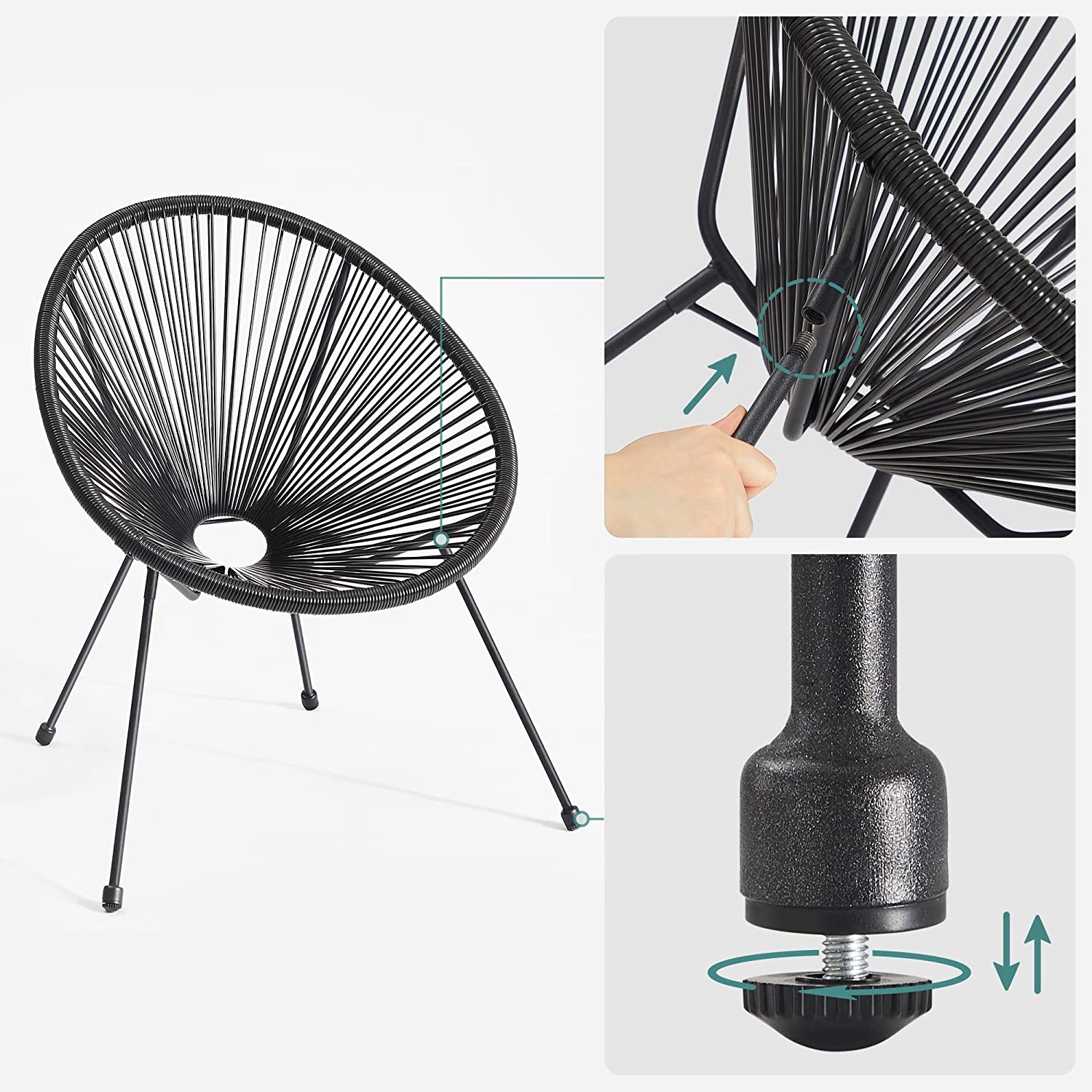 Gartenmöbel Set - Balkonmöbel - Set von 3 - Glas Tisch - 2 Stühle - Schwarz