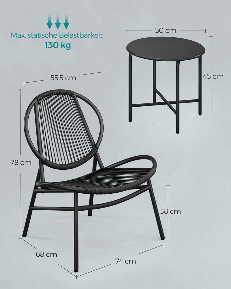 Balkonmöbelset - 3 -Set von 3 - mit Tisch und 2 Stühlen - Tinte -Black