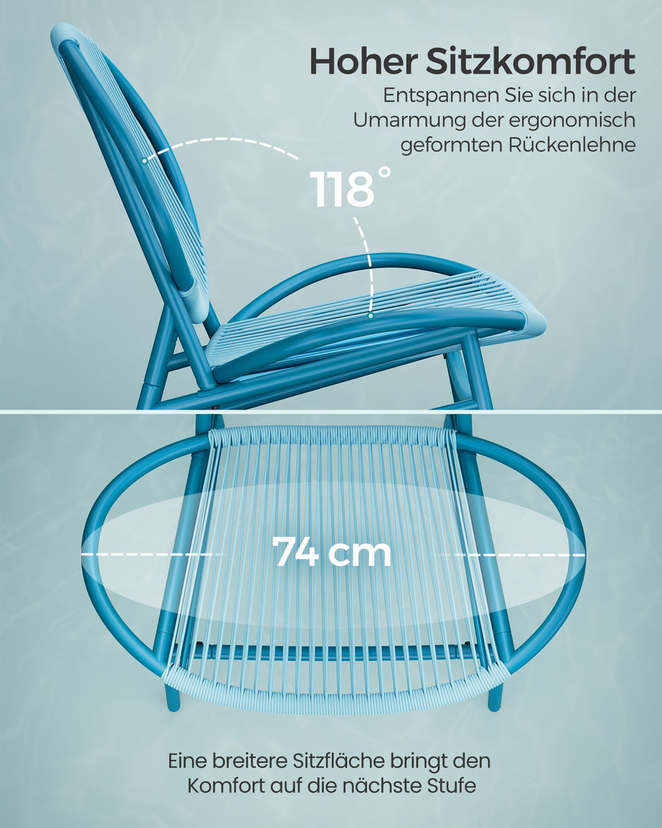 Balkonset - 3-Delig - Polyrattan - Tafel en 2 Stoelen - Zeeblauw
