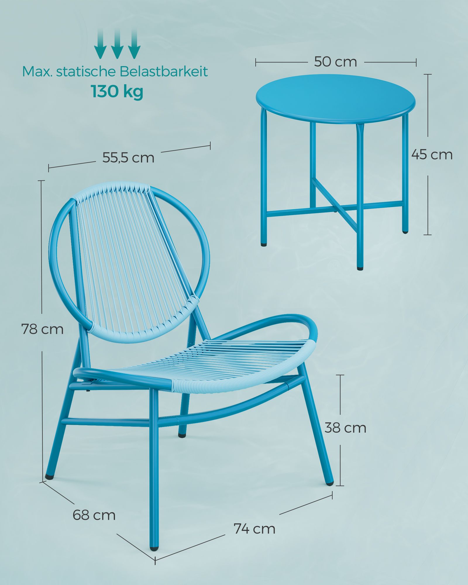 Balkonset - 3-Delig - Polyrattan - Tafel en 2 Stoelen - Zeeblauw
