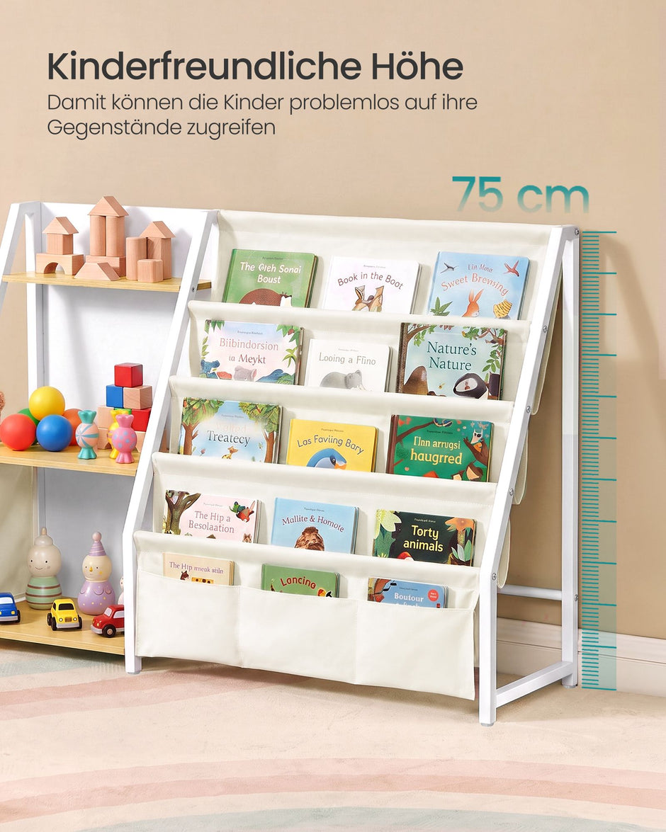 Montessori Boekenkast voor Kinderen – Met Stoffen Vakken – 108,5 cm – Beukenbeige en Crèmewit